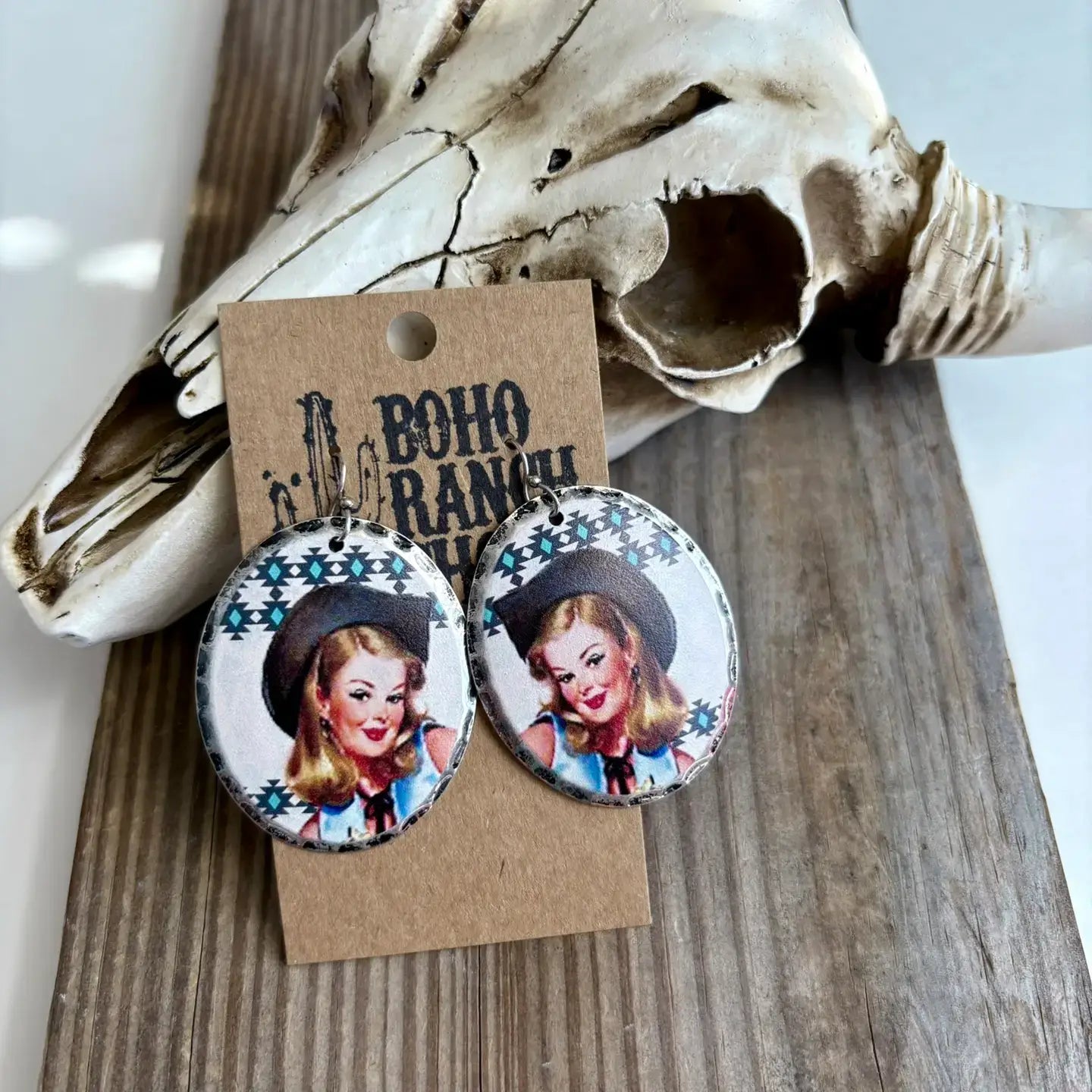 Teardrop Western Printed Dangle Drop Earrings: Longhorn