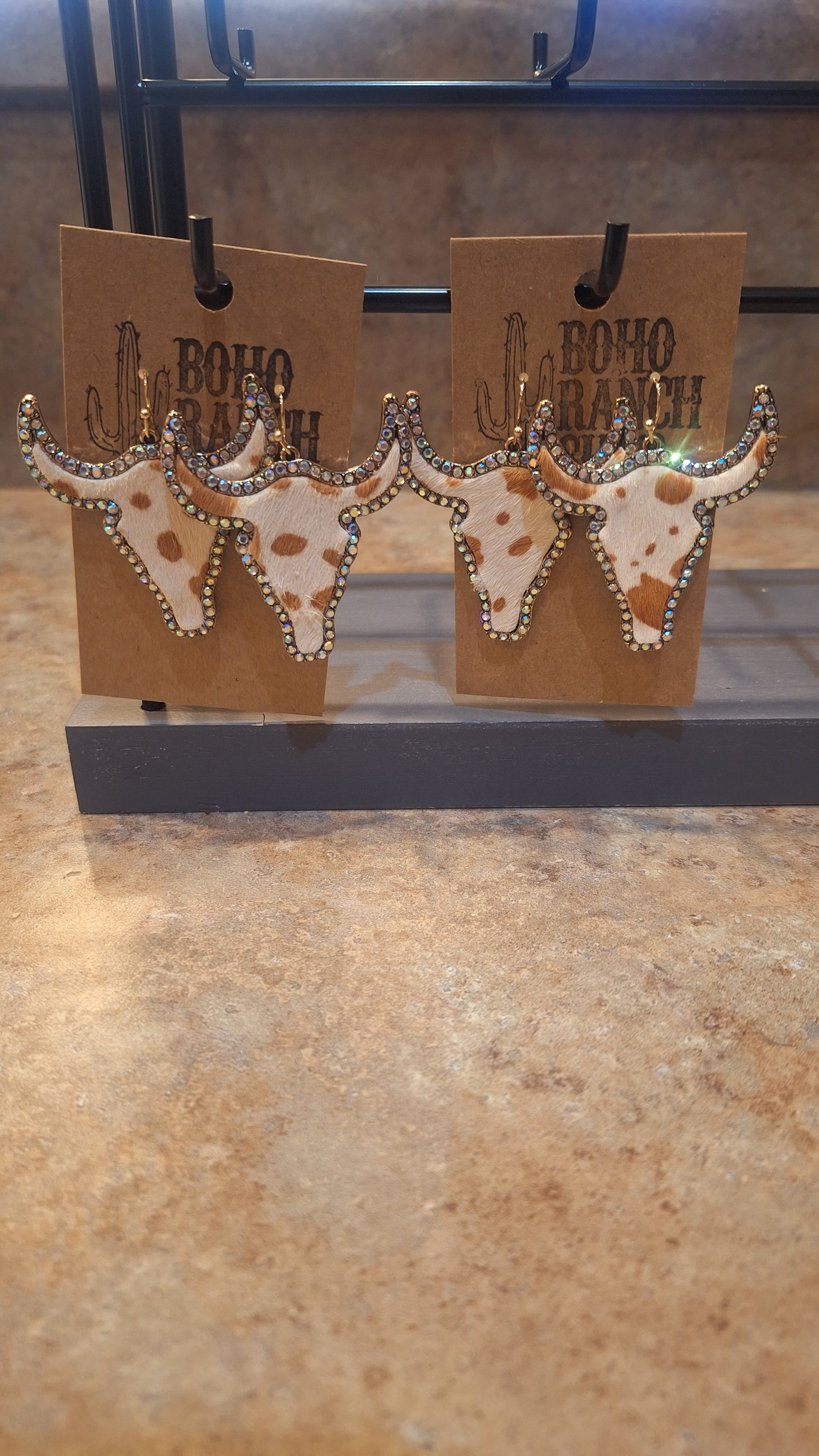 Western Cowhide Bling Steer Longhorn Earrings