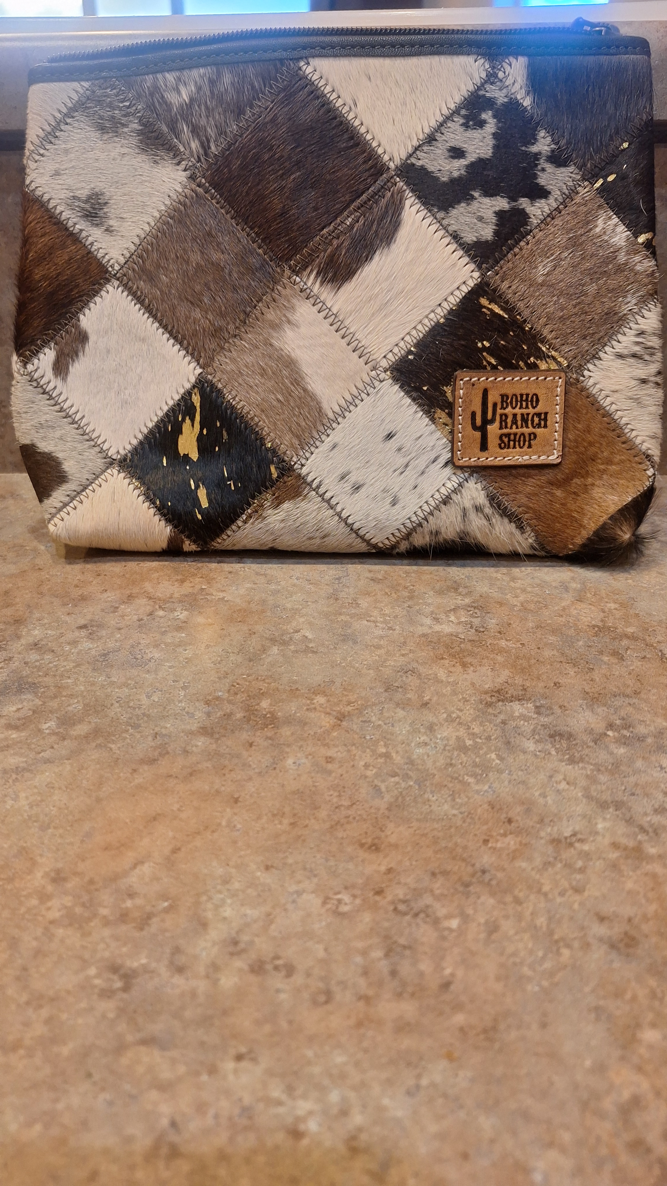 Checkered Western Cowhide Travel Makeup Bag