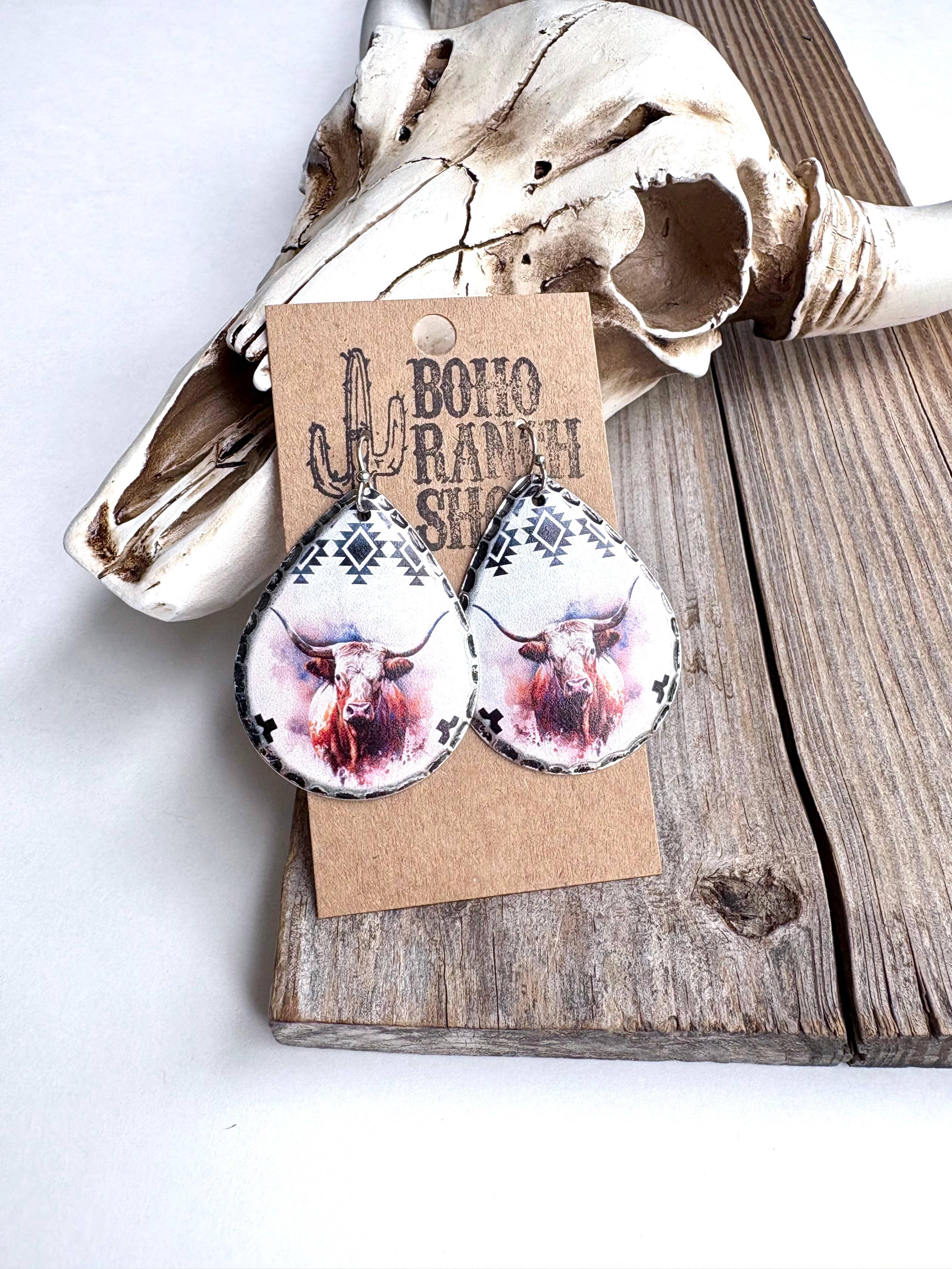 Teardrop Western Printed Dangle Drop Earrings: Longhorn