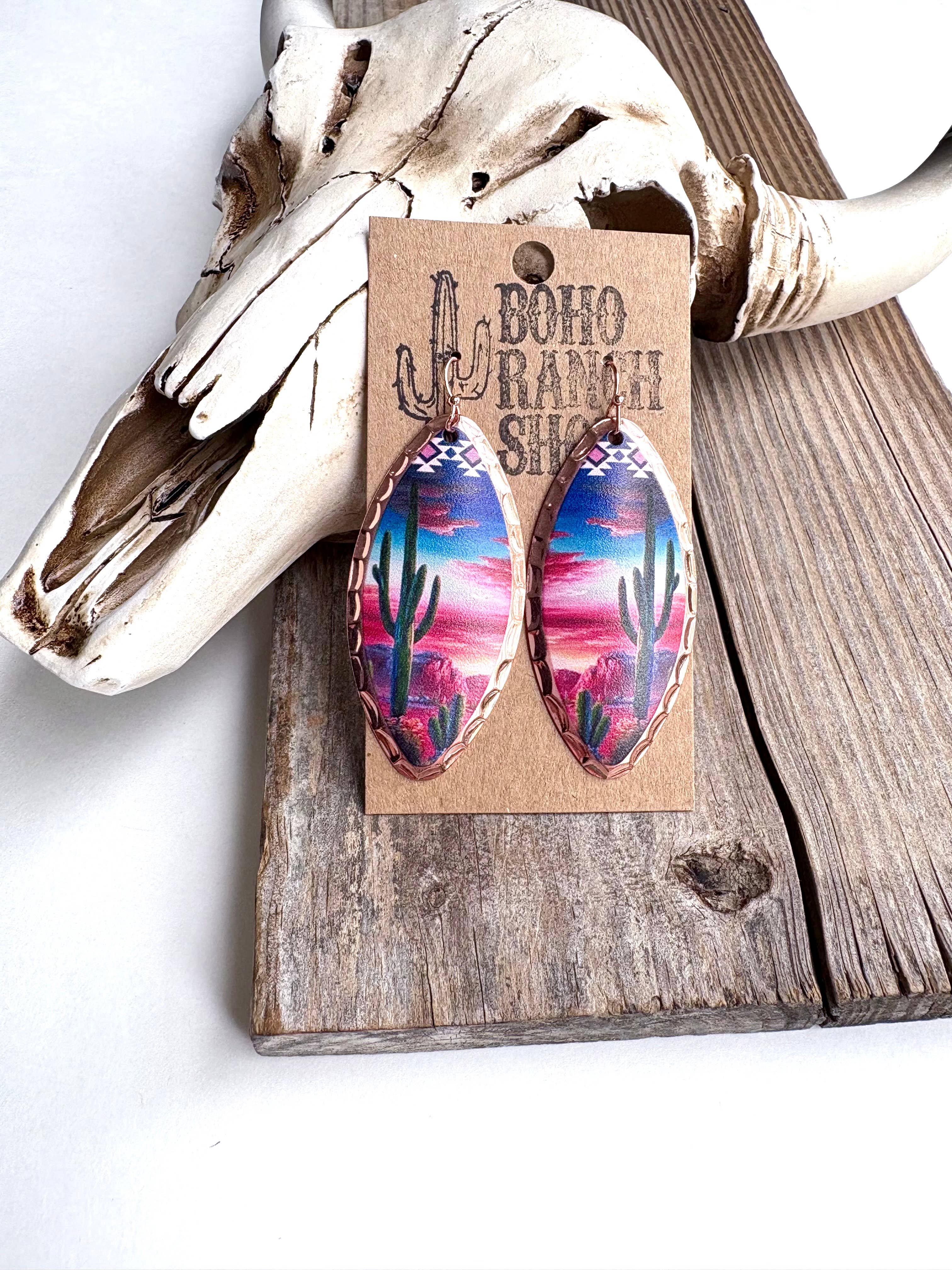 Teardrop Western Printed Dangle Drop Earrings: Longhorn