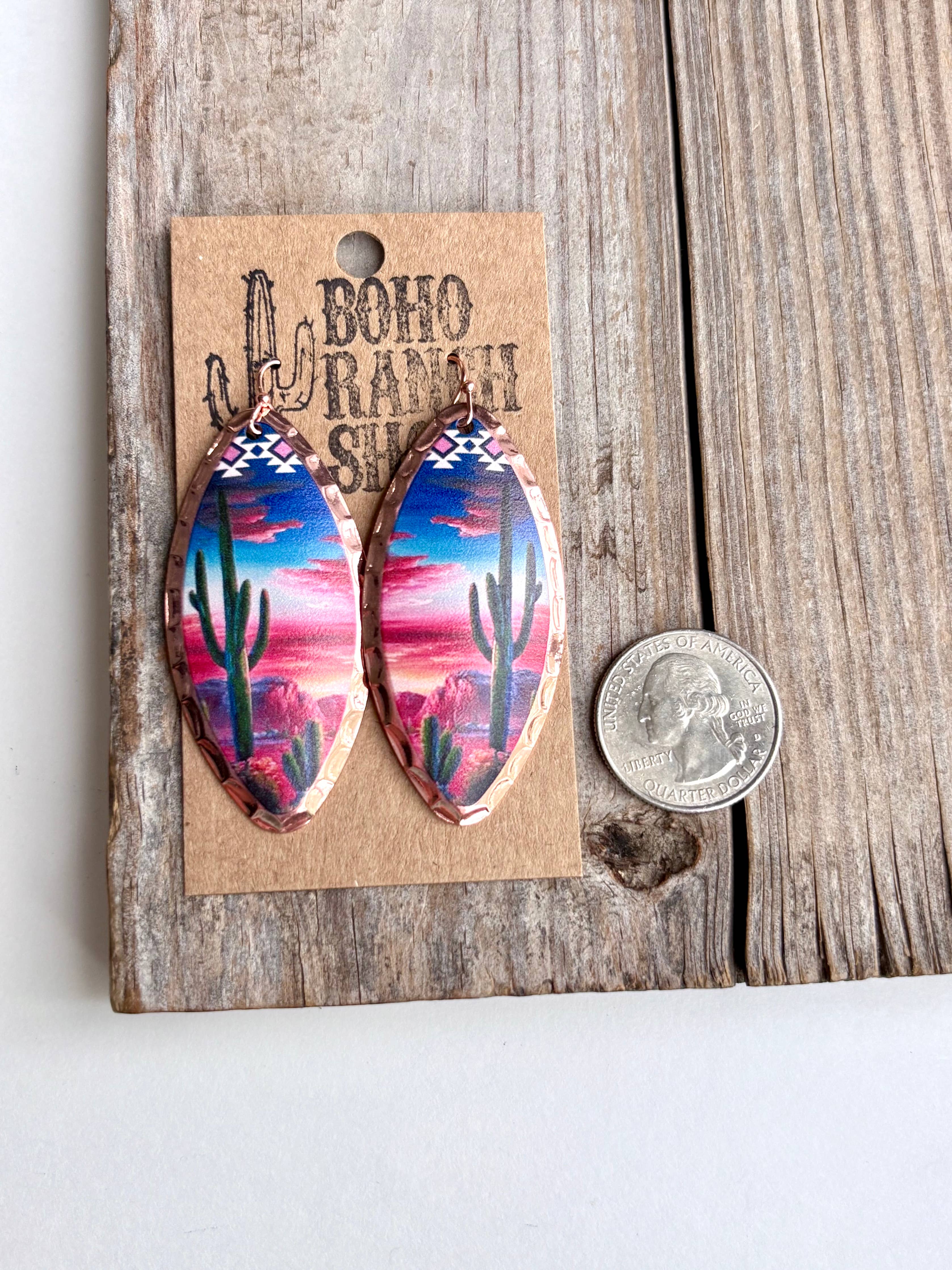 Teardrop Western Printed Dangle Drop Earrings: Longhorn