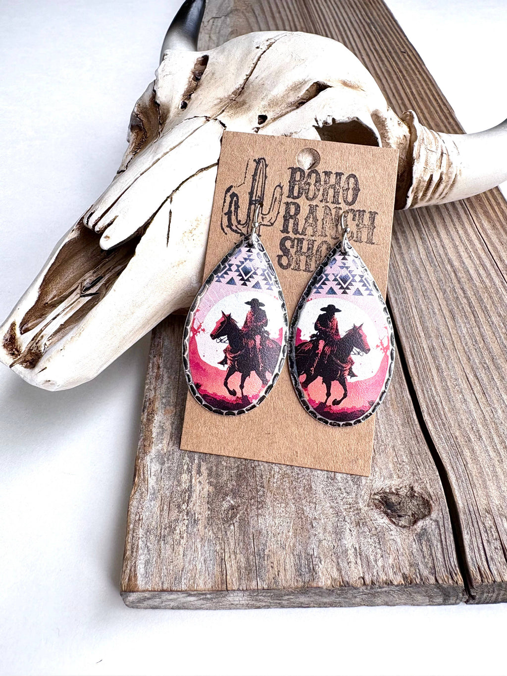 Teardrop Western Printed Dangle Drop Earrings: Longhorn