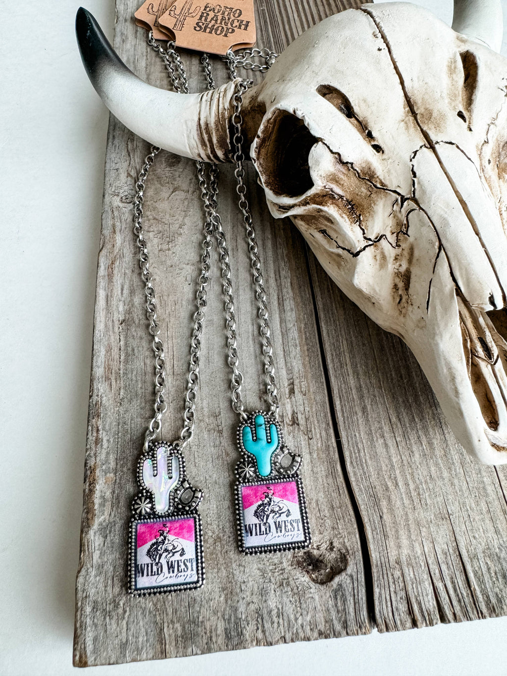 Western Cactus with Rodeo Logo Necklace: TURQUOISE CACTUS