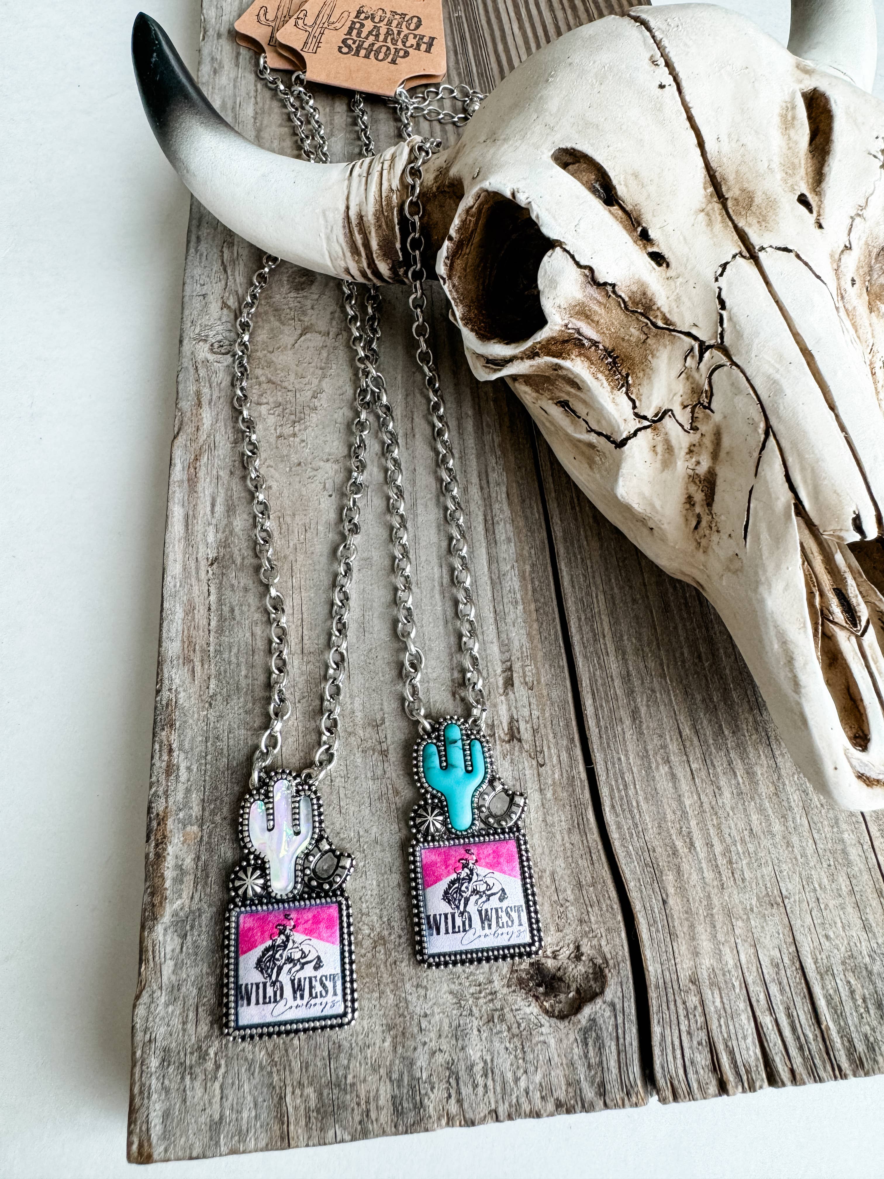 Western Cactus with Rodeo Logo Necklace: TURQUOISE CACTUS