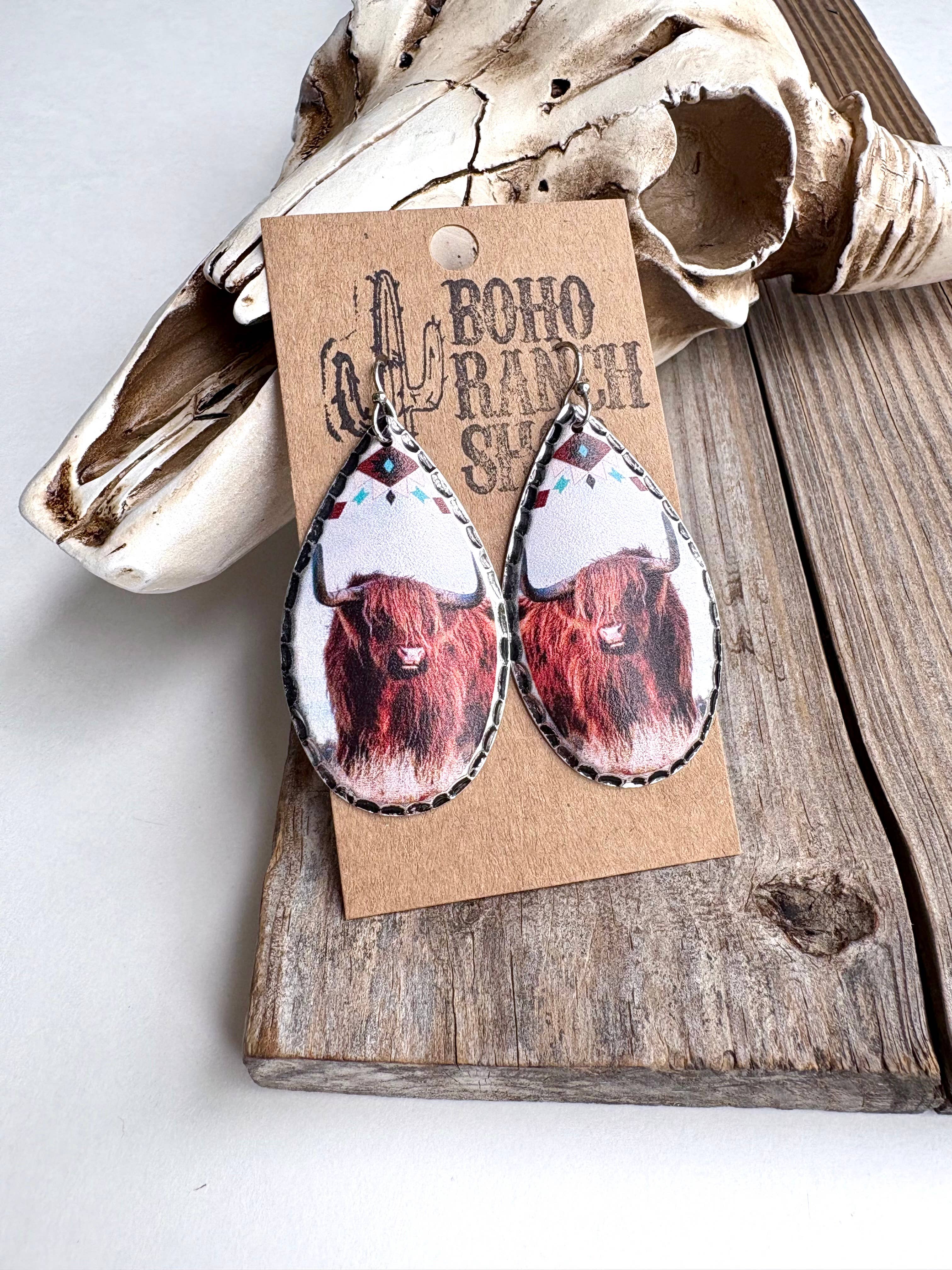 Teardrop Western Printed Dangle Drop Earrings: Longhorn