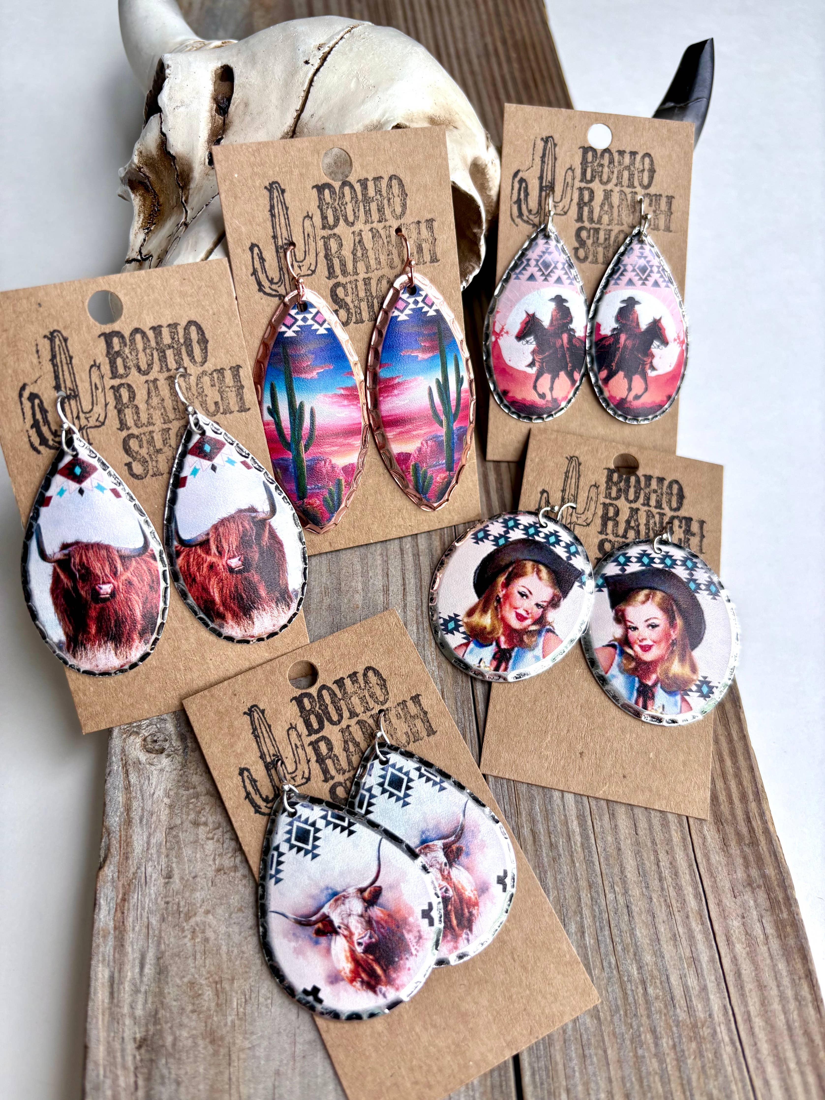 Teardrop Western Printed Dangle Drop Earrings: Longhorn